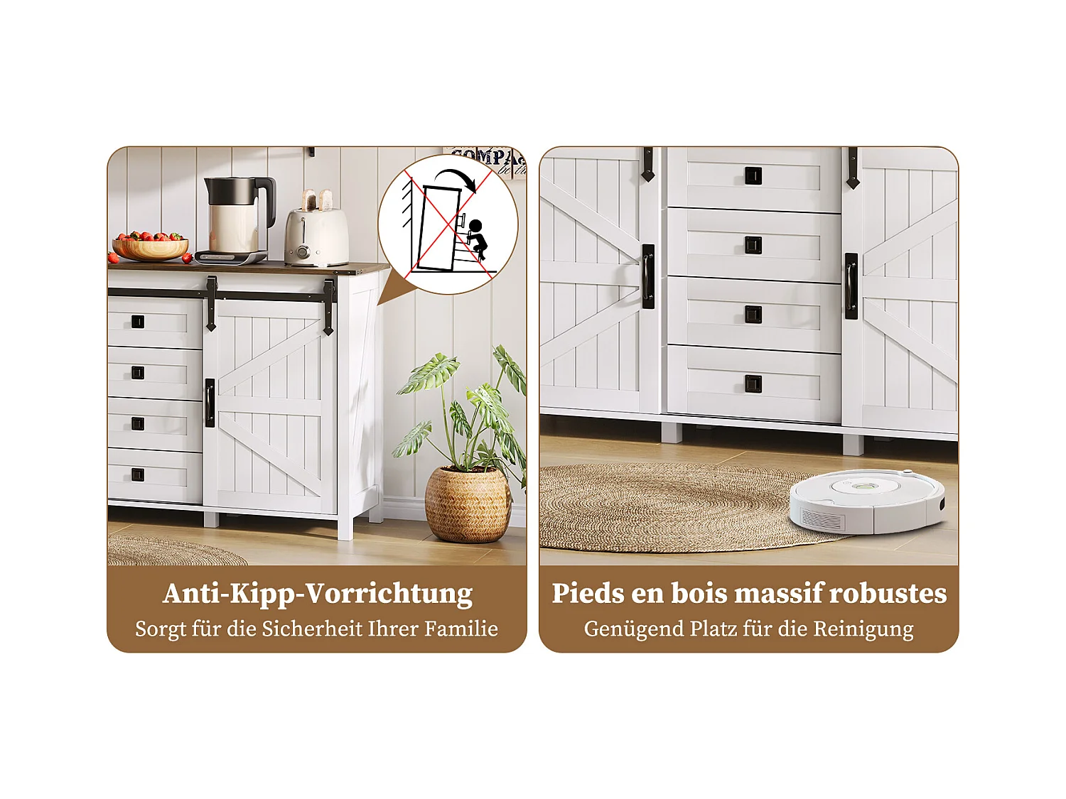 Aparador em MDF 137 cm com portas de correr e 4 gavetas, estilo vintage, para cozinha, sala, branco