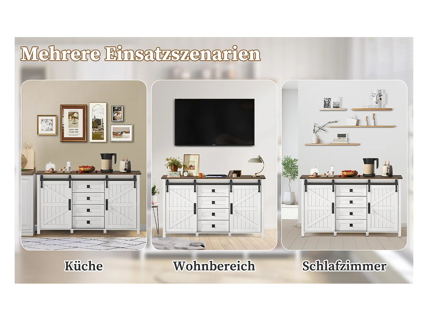 Aparador em MDF 137 cm com portas de correr e 4 gavetas, estilo vintage, para cozinha, sala, branco