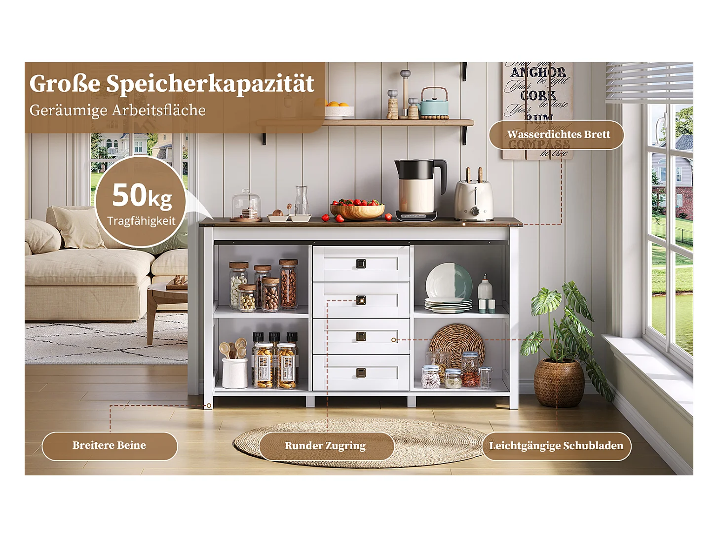 Aparador em MDF 137 cm com portas de correr e 4 gavetas, estilo vintage, para cozinha, sala, branco