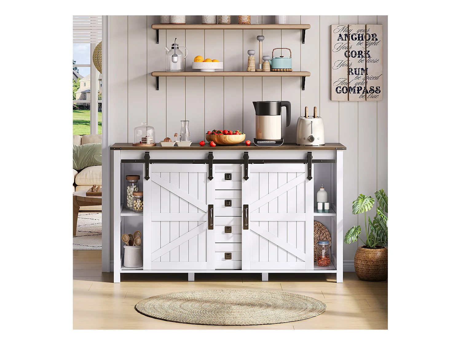 Aparador em MDF 137 cm com portas de correr e 4 gavetas, estilo vintage, para cozinha, sala, branco