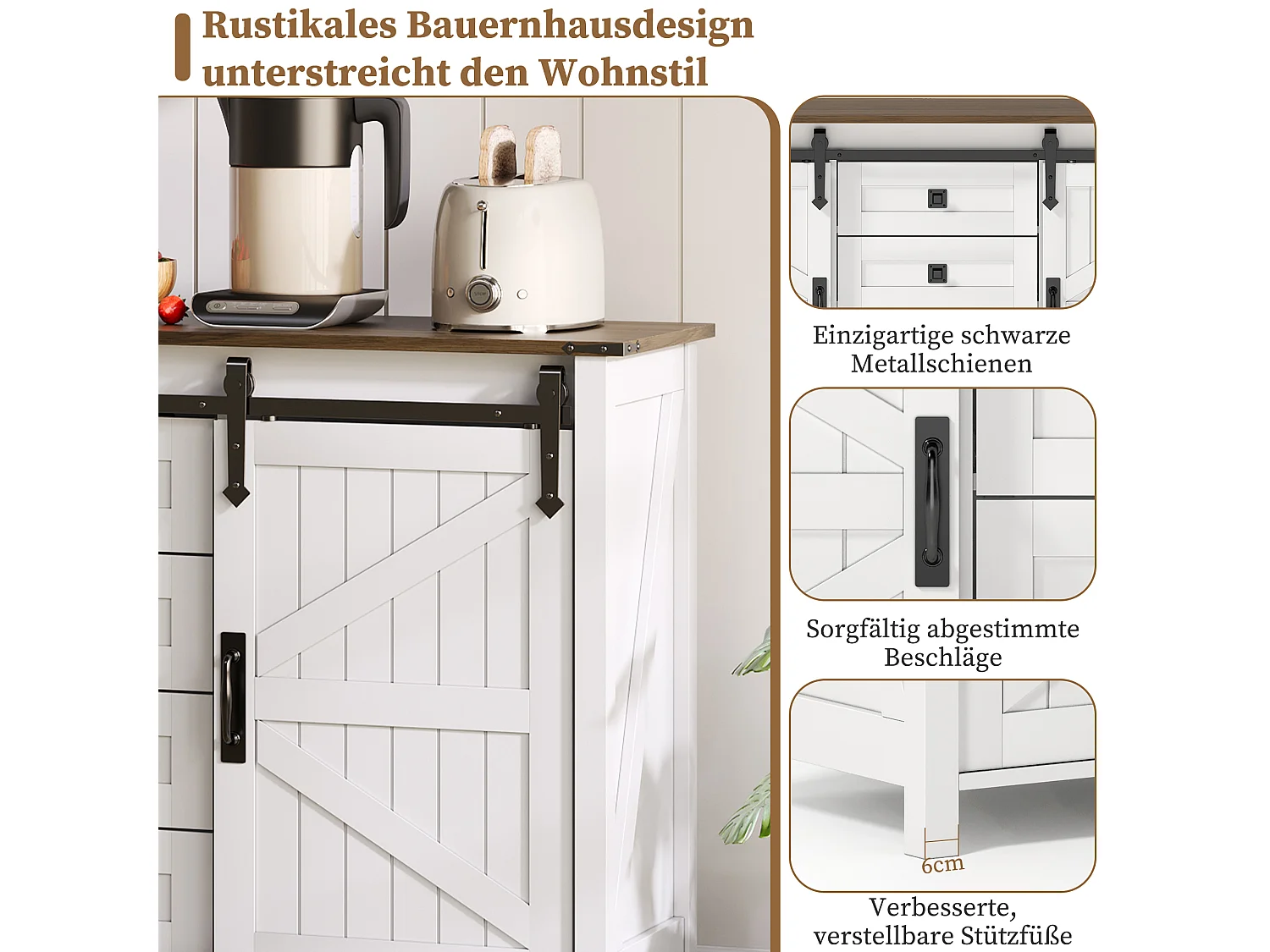 Buffet MDF 137 cm portes coulissantes 4 tiroirs style vintage pour cuisine salon blanc