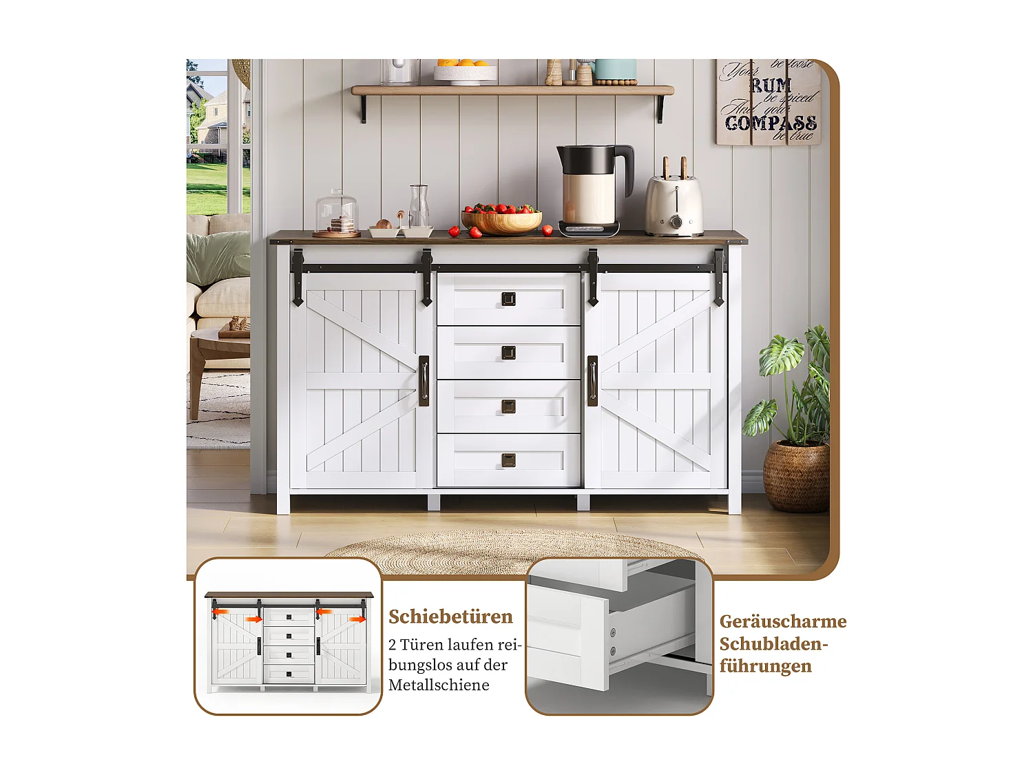 Buffet MDF 137 cm portes coulissantes 4 tiroirs style vintage pour cuisine salon blanc