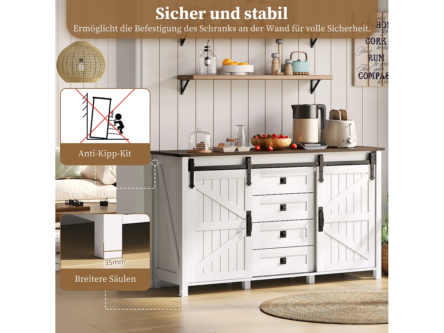 Buffet MDF 137 cm portes coulissantes 4 tiroirs style vintage pour cuisine salon blanc