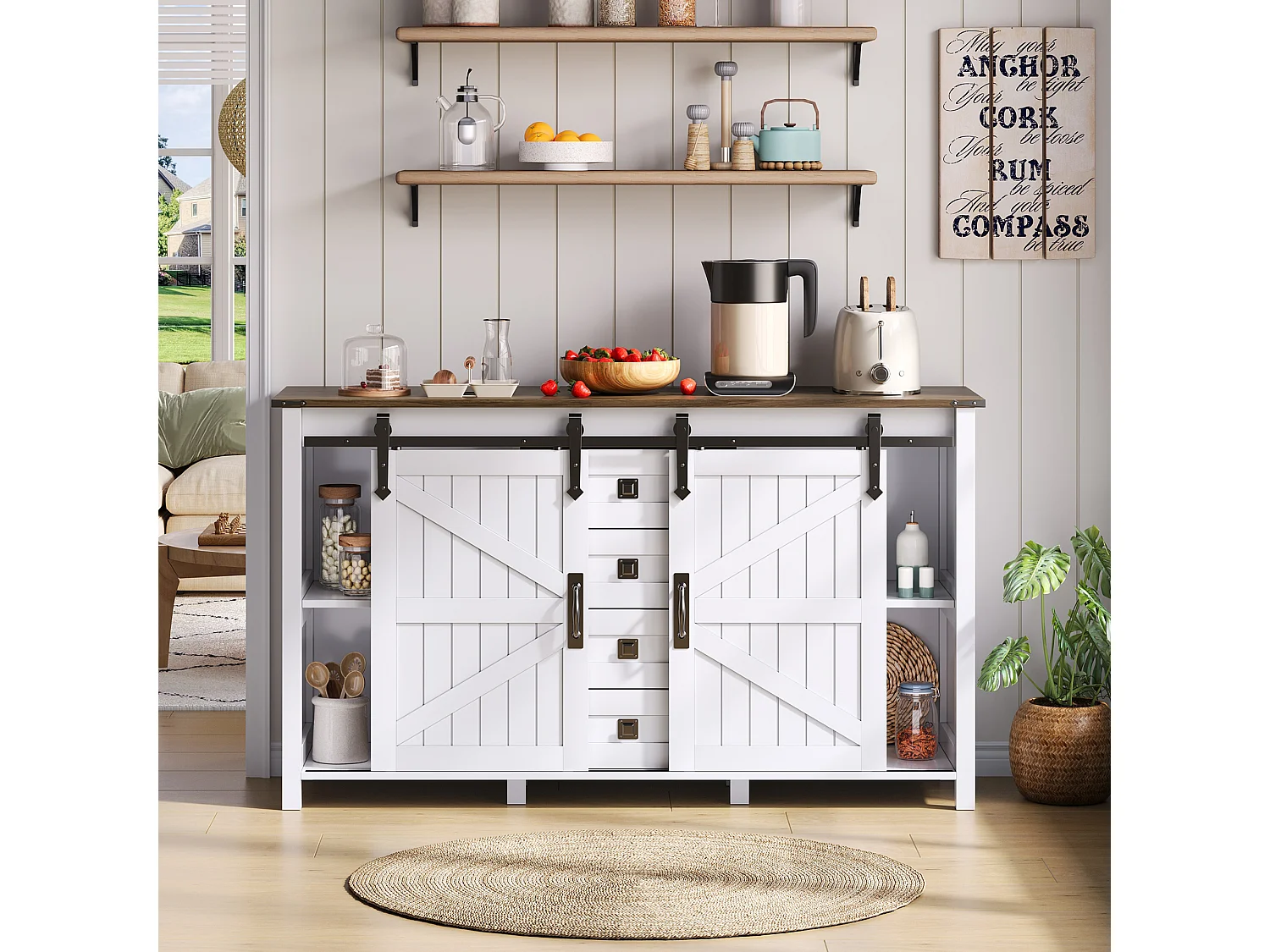 Buffet MDF 137 cm portes coulissantes 4 tiroirs style vintage pour cuisine salon blanc