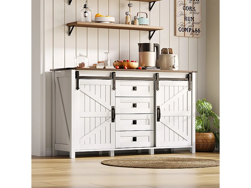 Aparador de MDF de 137 cm con puertas correderas y 4 cajones, estilo vintage, para cocina, salón, color blanco