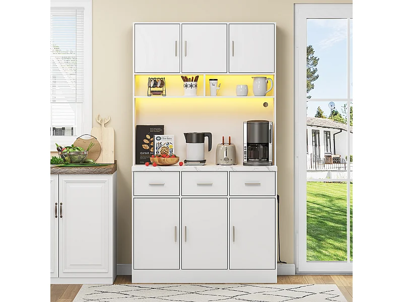 Aparador alto LED MDF 100x40x180 cm con cajones, estantes regulables y enchufes integrados