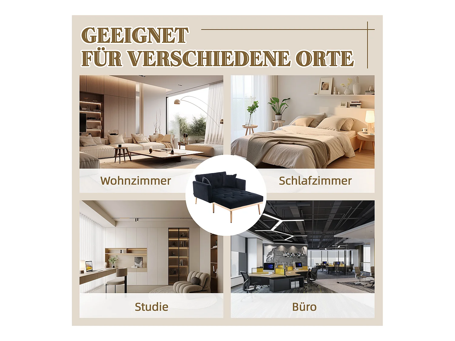 Poltrona reclinável moderna de tecido ajustável para sala de estar, quarto e escritório, preta