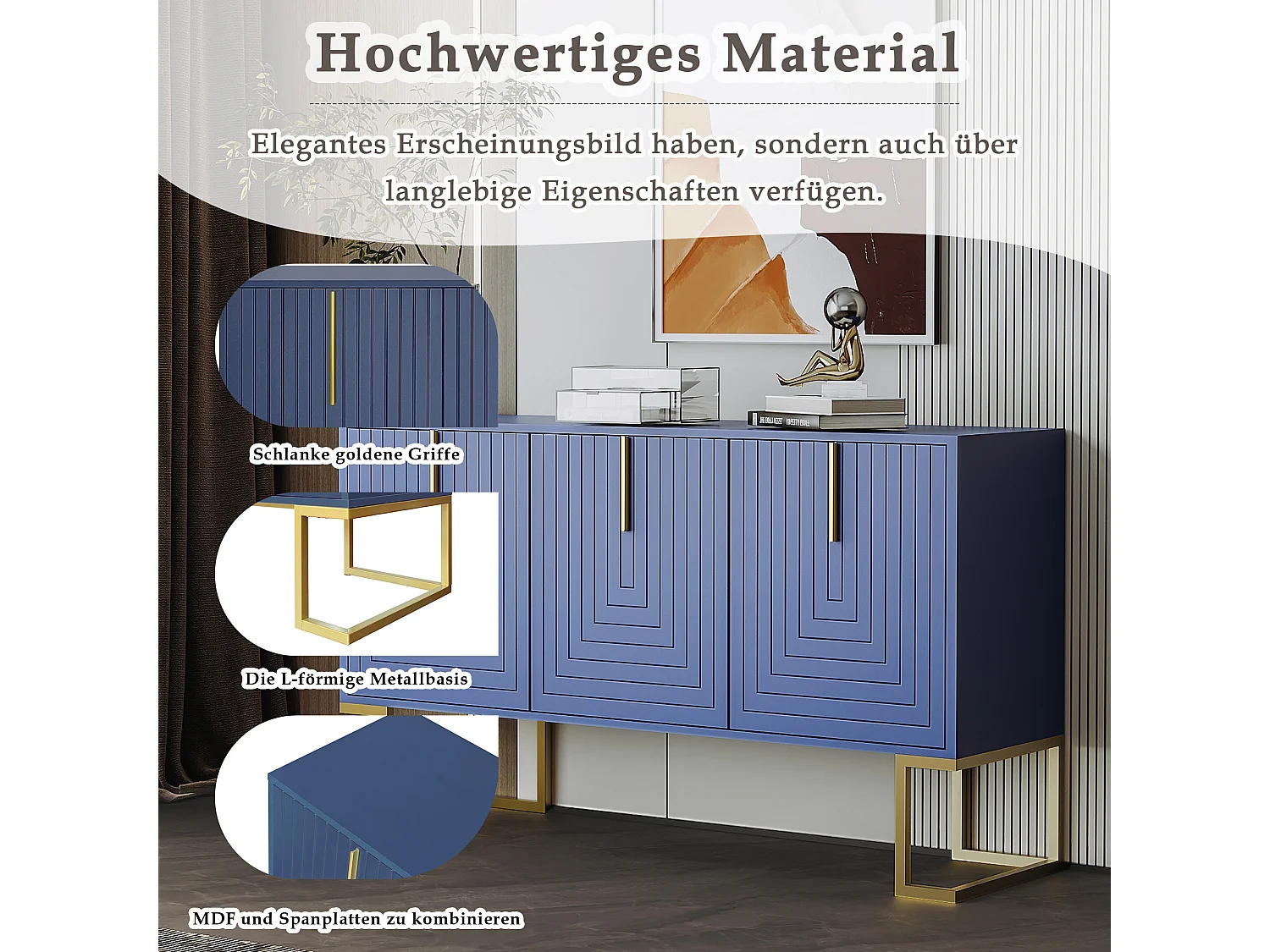 Buffet 3 porte MDF design moderno con ripiani regolabili e piedini in metallo blu marino