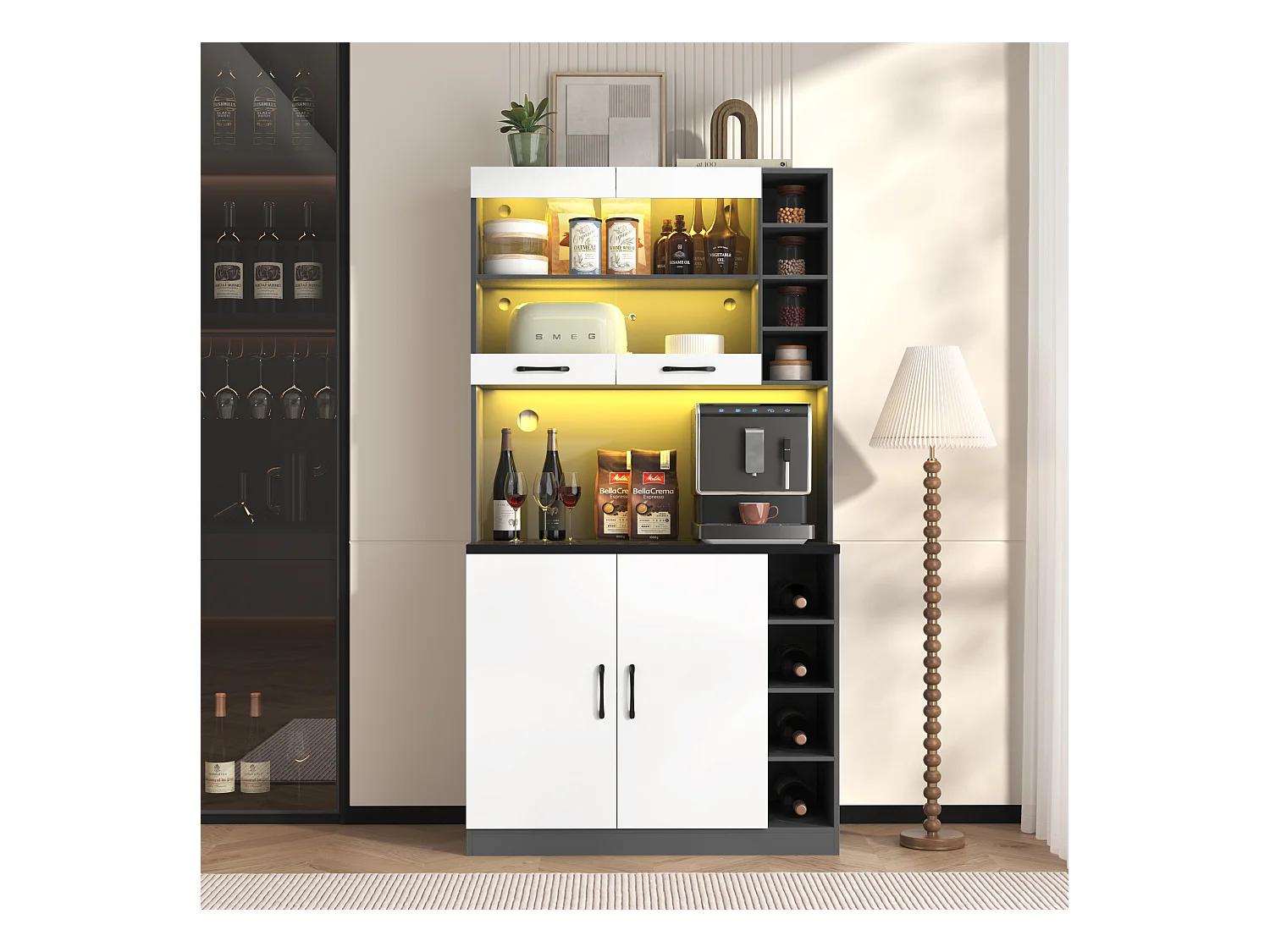 Buffet cucina 100x47x187cm MDF LED rangement micro-ondes meuble moderne gris blanc