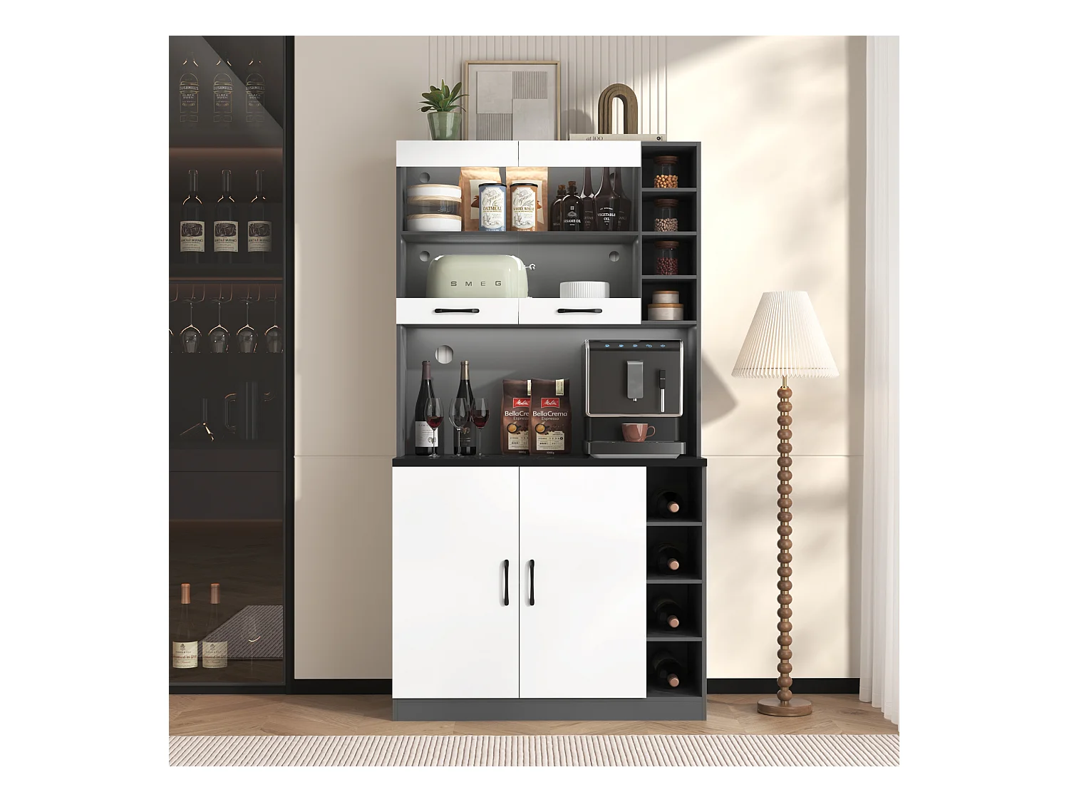 Buffet cucina 100x47x187cm MDF LED rangement micro-ondes meuble moderne gris blanc