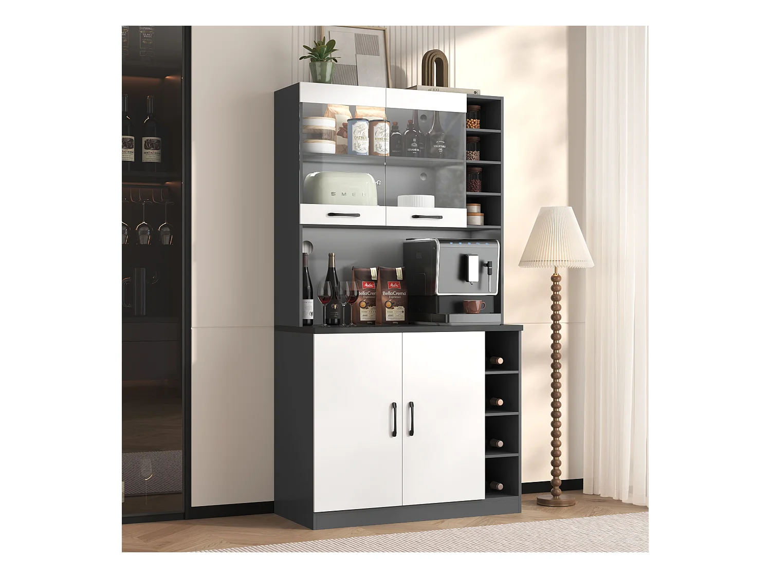 Buffet cucina 100x47x187cm MDF LED rangement micro-ondes meuble moderne gris blanc