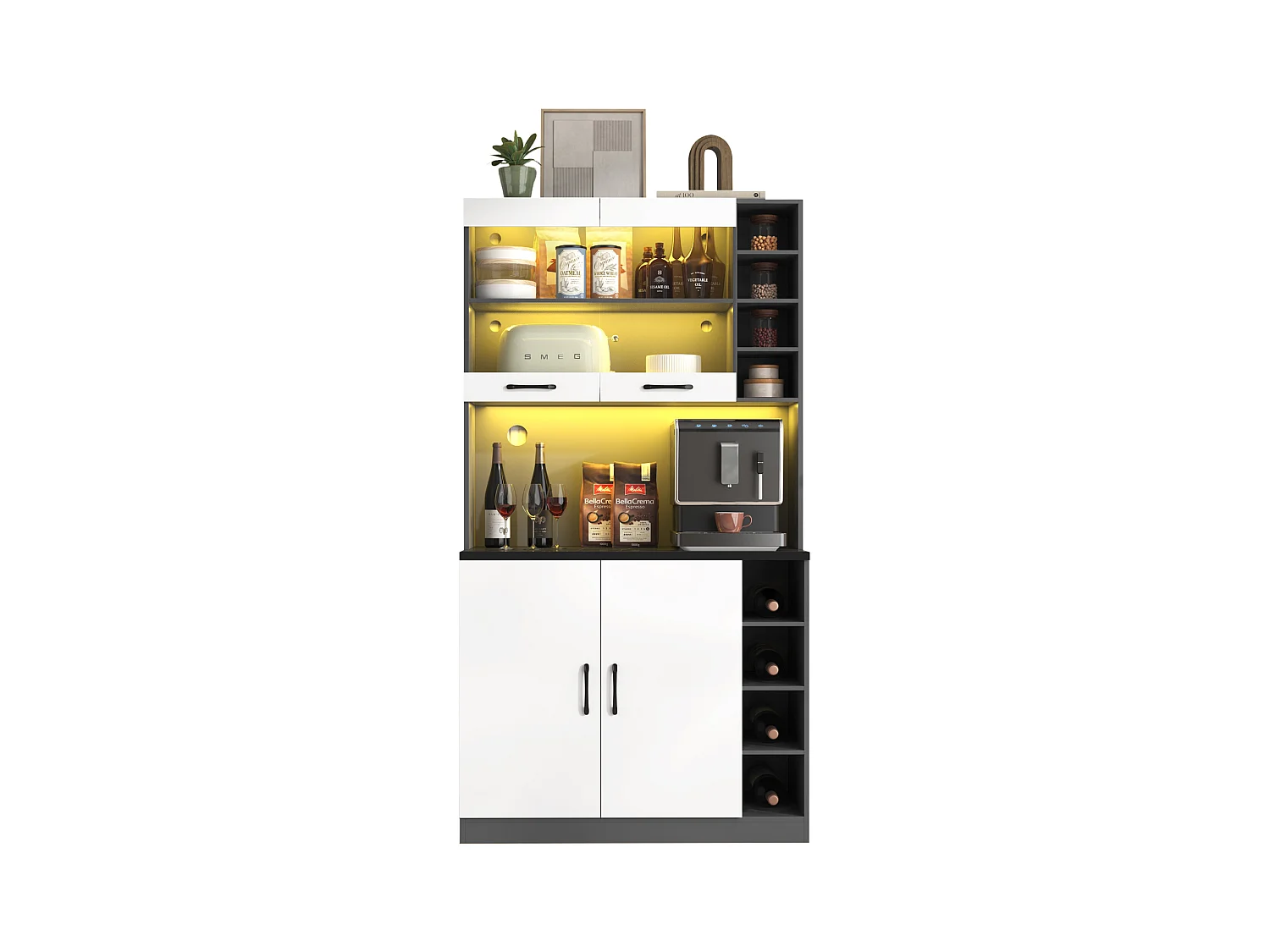 Buffet cucina 100x47x187cm MDF LED rangement micro-ondes meuble moderne gris blanc