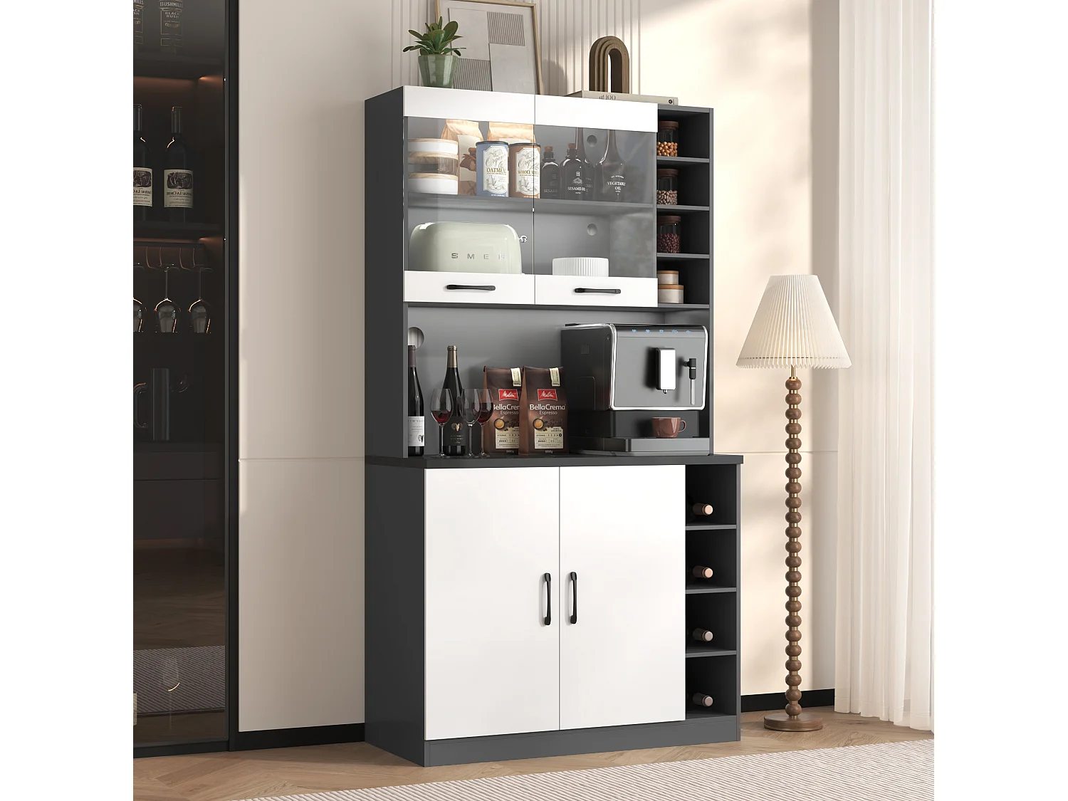 Buffet cucina 100x47x187cm MDF LED rangement micro-ondes meuble moderne gris blanc