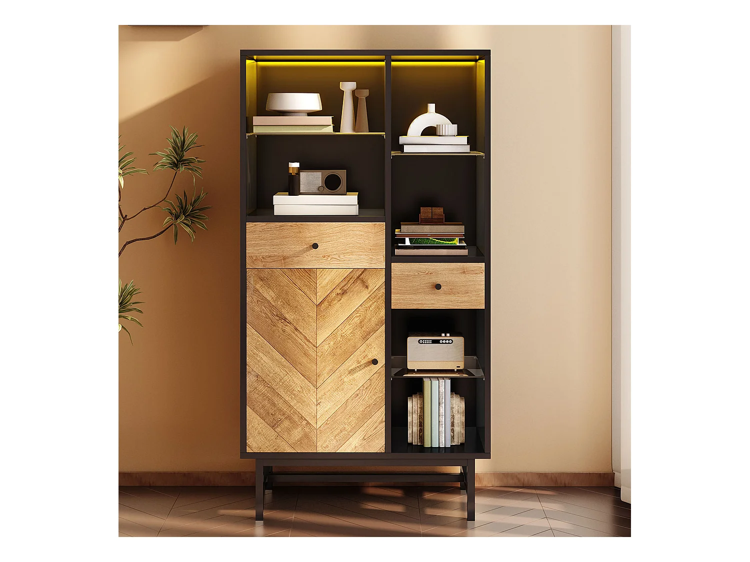 Vitrina LED moderna de madera y metal 12 colores almacenaje salón 3 estantes 2 cajones negro 150x80 cm