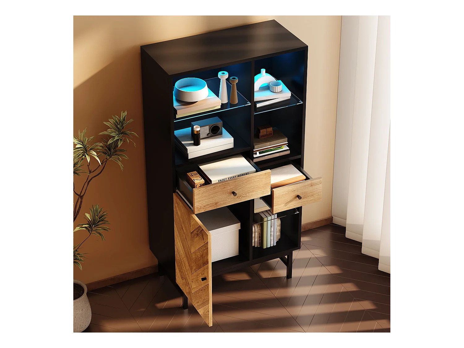 Vitrina LED moderna de madera y metal 12 colores almacenaje salón 3 estantes 2 cajones negro 150x80 cm