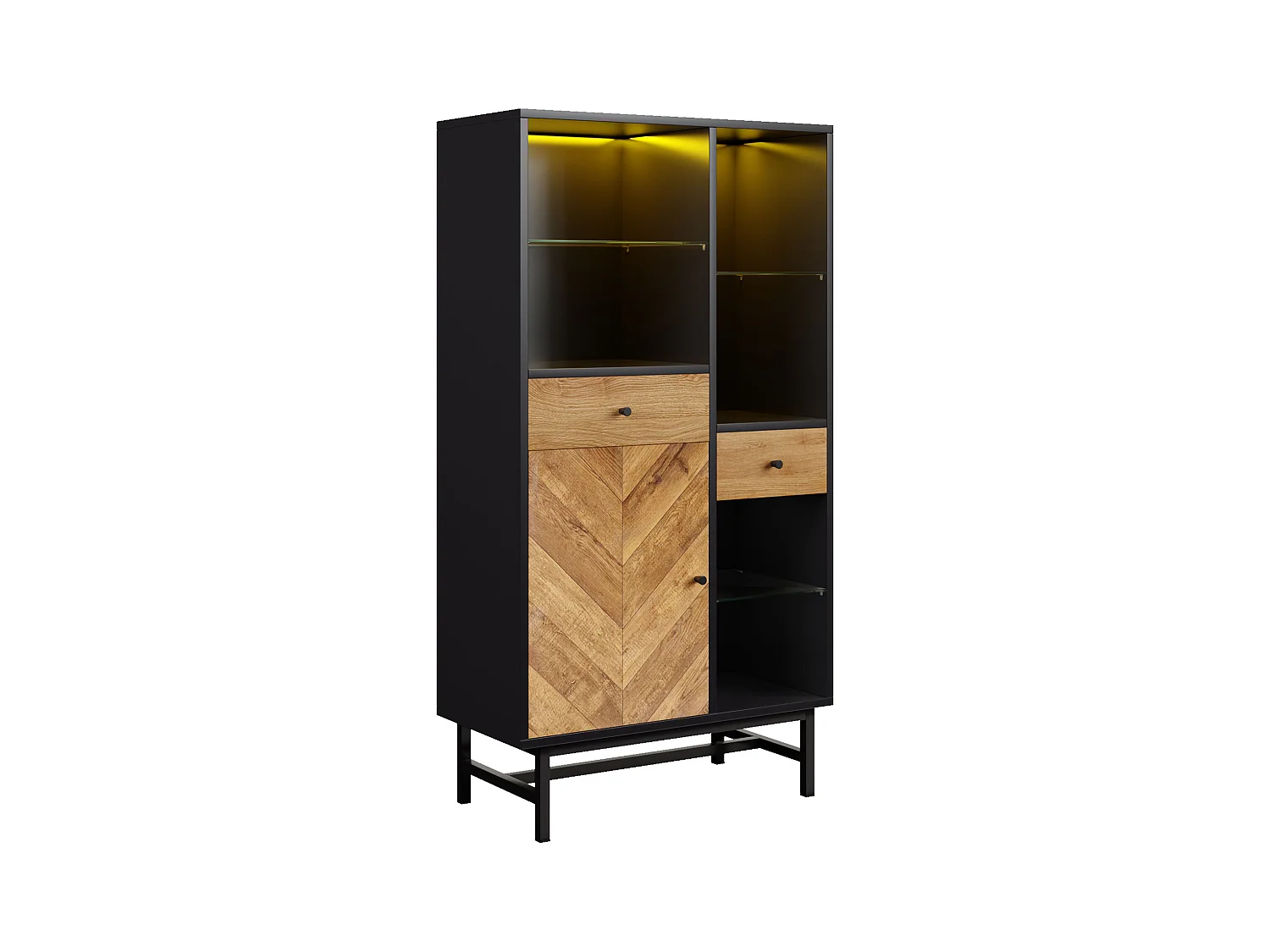 Vitrina LED moderna de madera y metal 12 colores almacenaje salón 3 estantes 2 cajones negro 150x80 cm