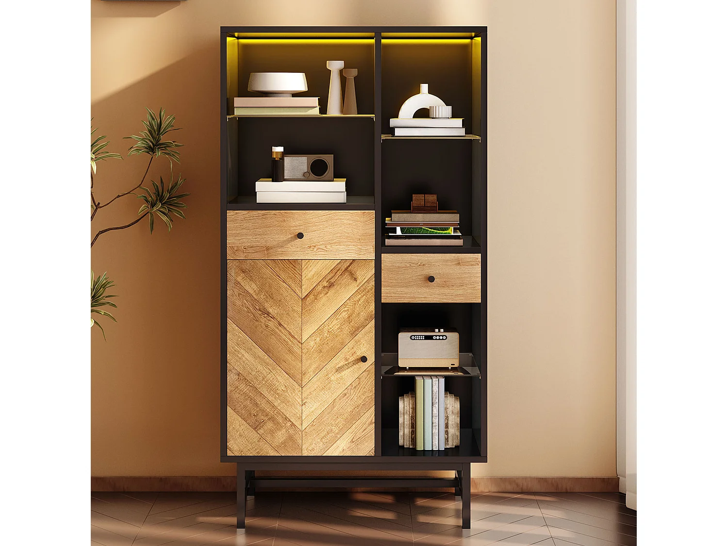 Vitrine moderne bois et métal LED 12 couleurs rangement salon 3 étagères 2 tiroirs noir 150x80 cm