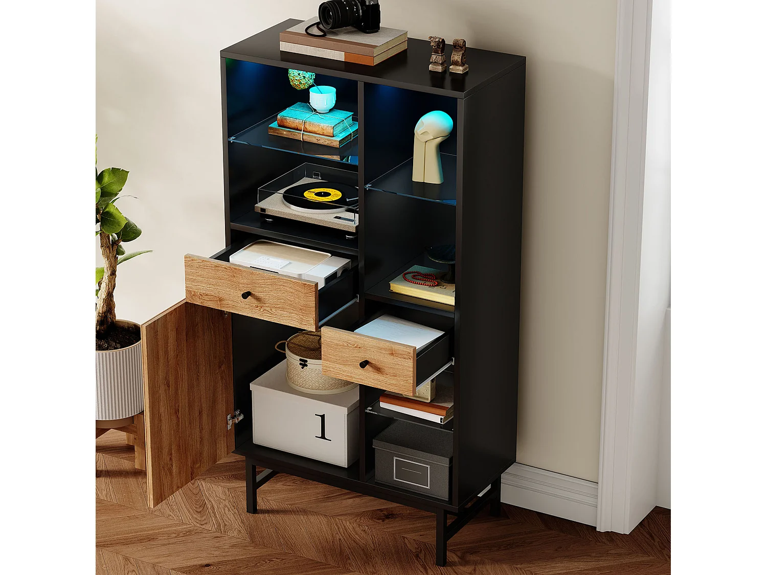 Vitrine moderne bois et métal LED 12 couleurs rangement salon 3 étagères 2 tiroirs noir 150x80 cm