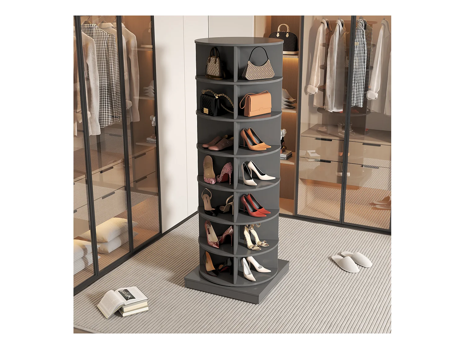 Zapatero de madera giratorio de 360°, gran capacidad de almacenamiento, para entrada, color blanco