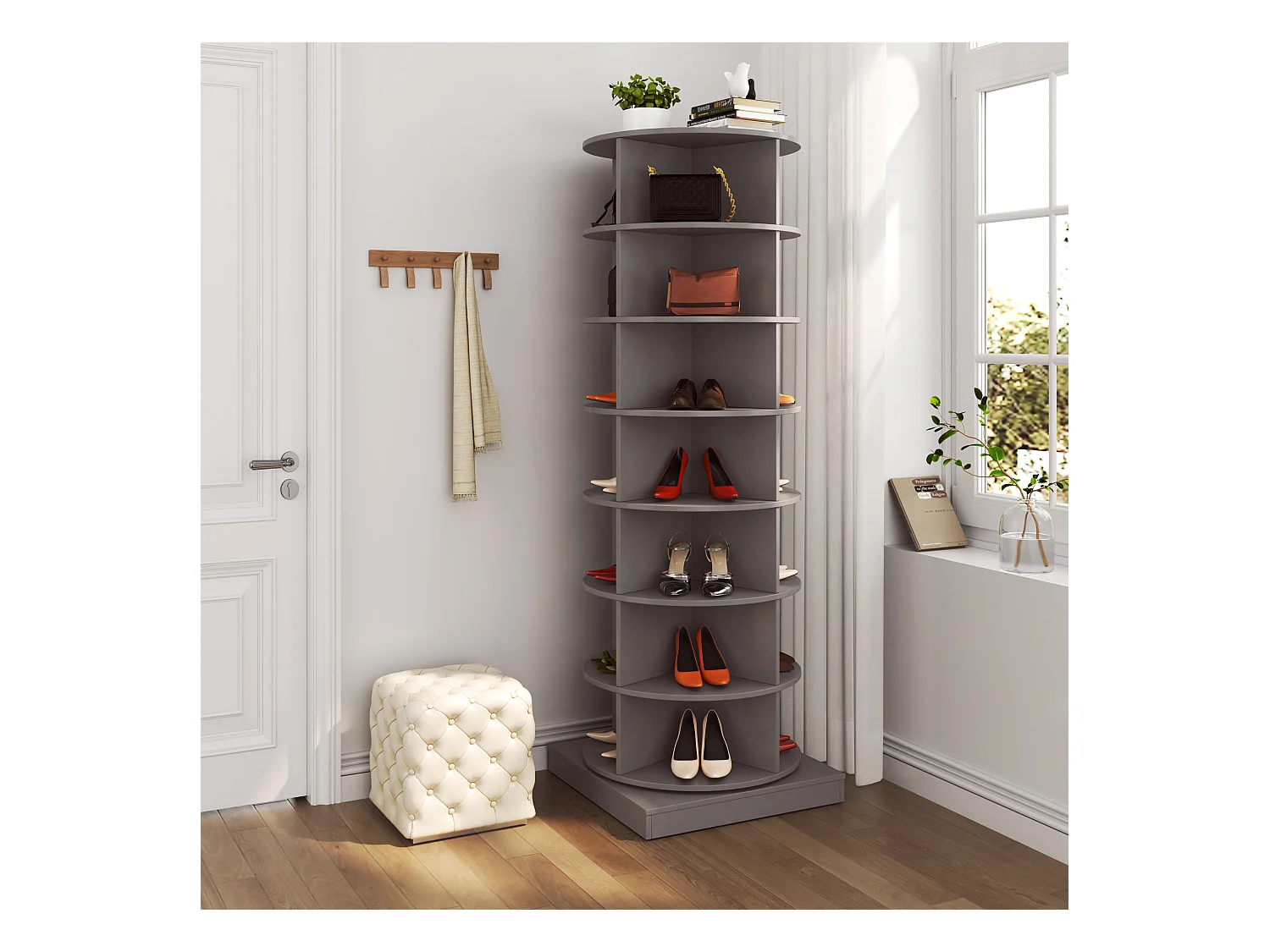 Zapatero de madera giratorio de 360°, gran capacidad de almacenamiento, para entrada, color blanco