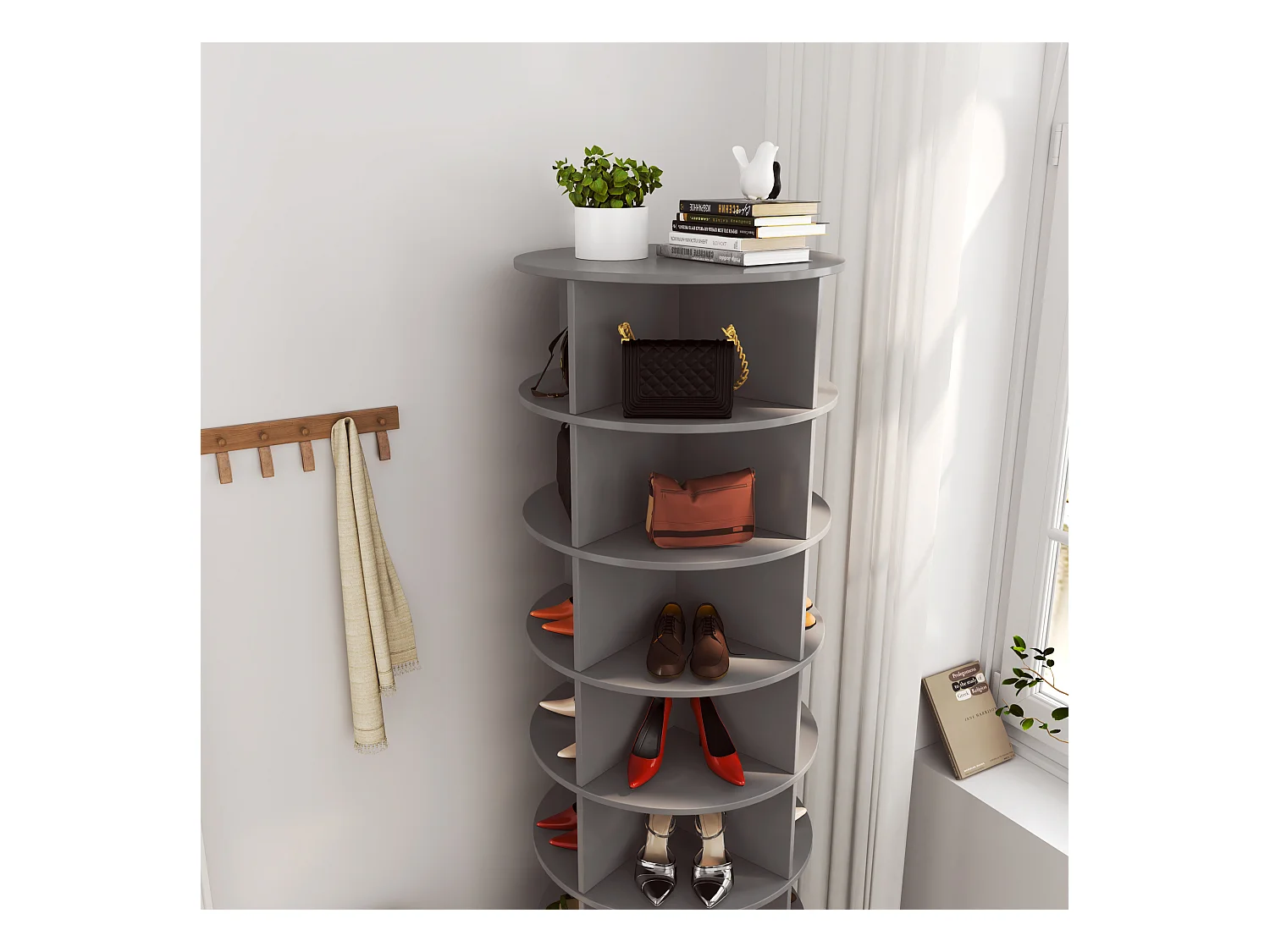 Zapatero de madera giratorio de 360°, gran capacidad de almacenamiento, para entrada, color blanco