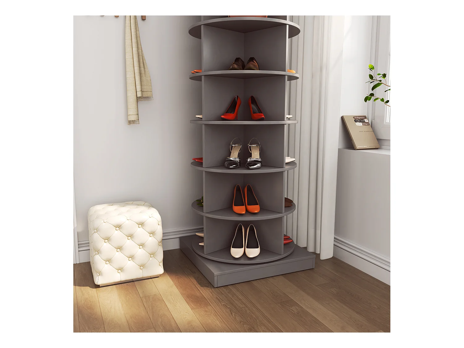 Zapatero de madera giratorio de 360°, gran capacidad de almacenamiento, para entrada, color blanco