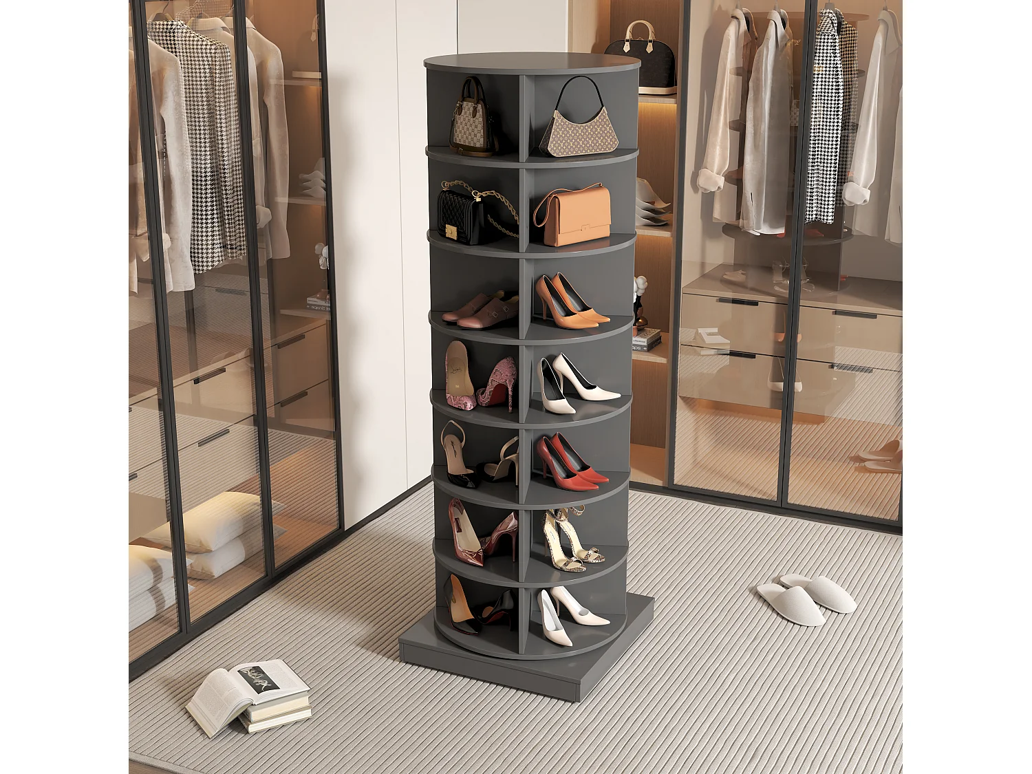 Zapatero de madera giratorio de 360°, gran capacidad de almacenamiento, para entrada, color blanco