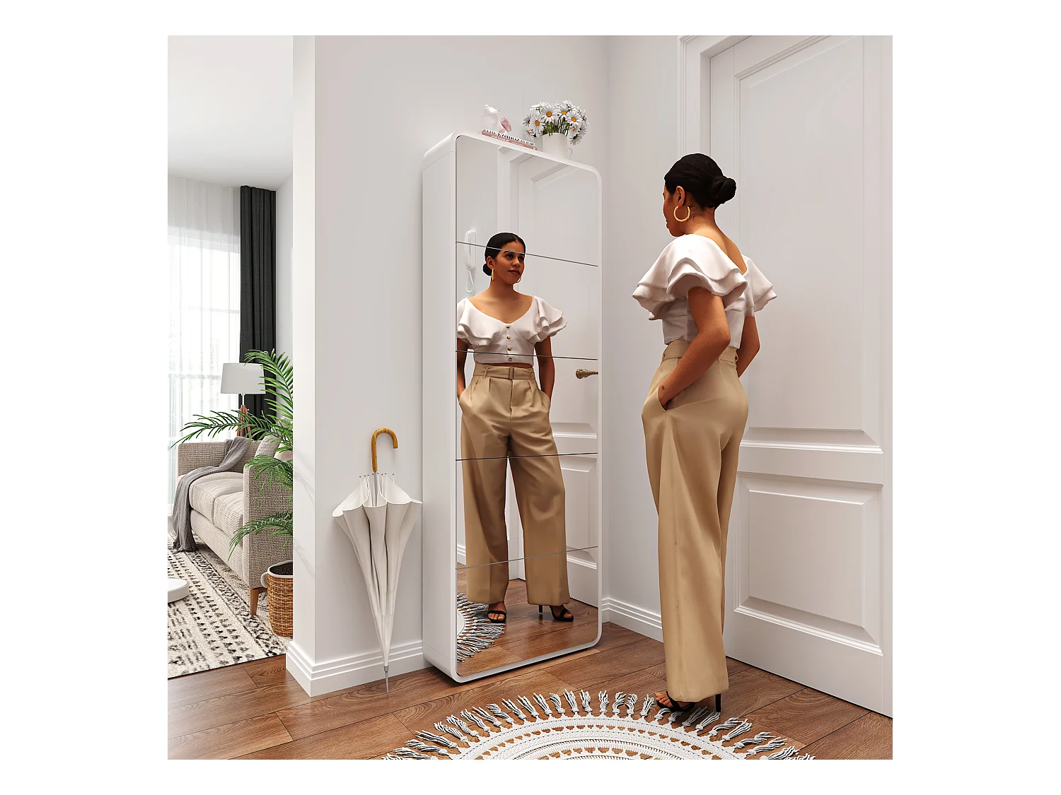 Mobile da pavimento in legno MDF specchio pieno alta camera ingresso bianco 176 cm