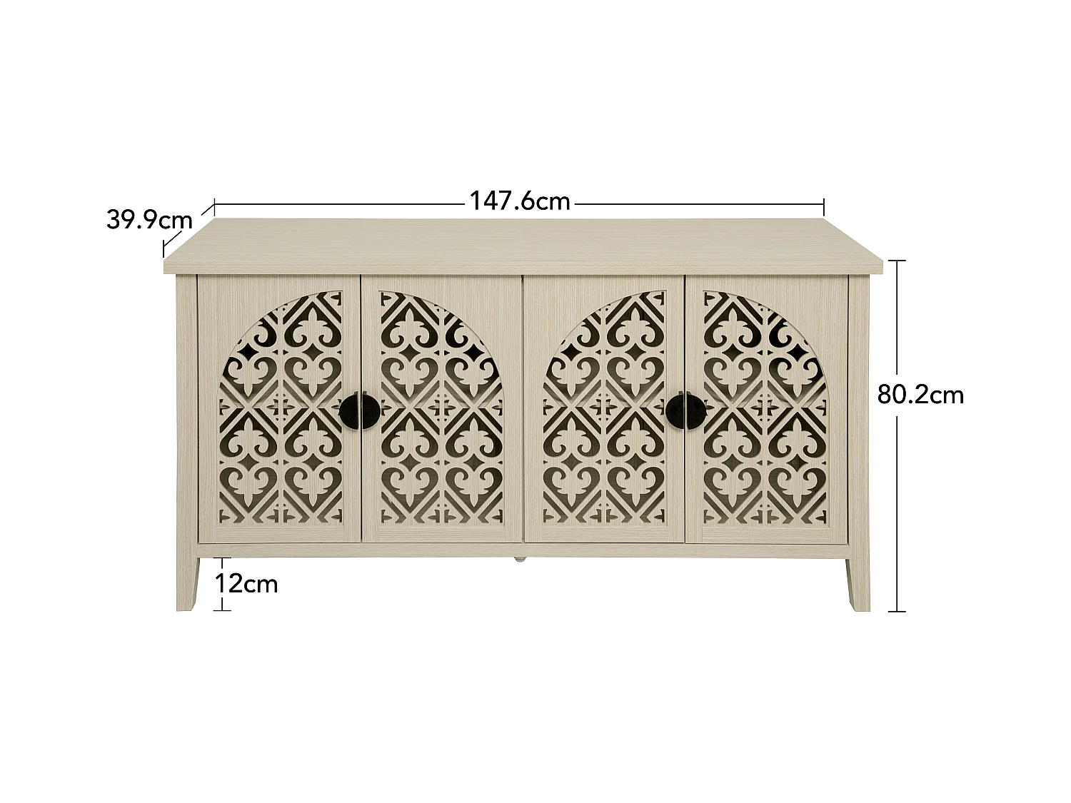 Aparador de 4 portas em madeira natural com painéis esculpidos e arrumação regulável para sala de estar e sala de jantar, 147 cm