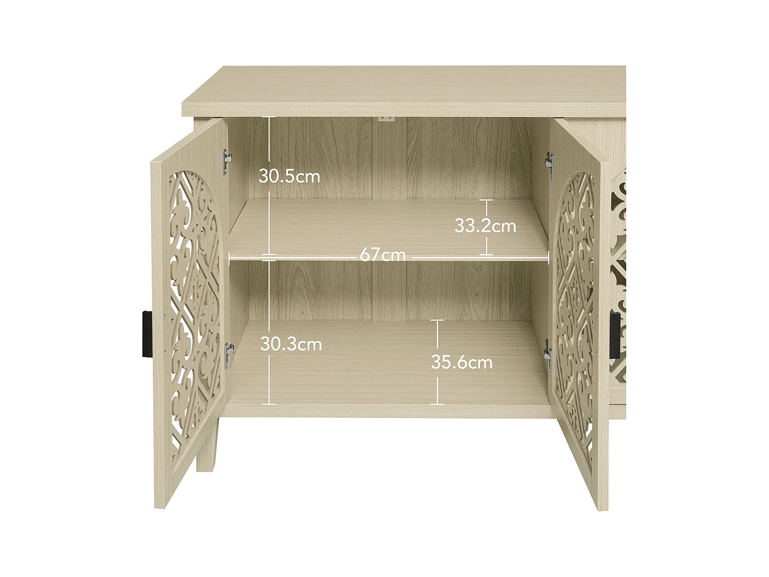 Aparador de 4 portas em madeira natural com painéis esculpidos e arrumação regulável para sala de estar e sala de jantar, 147 cm