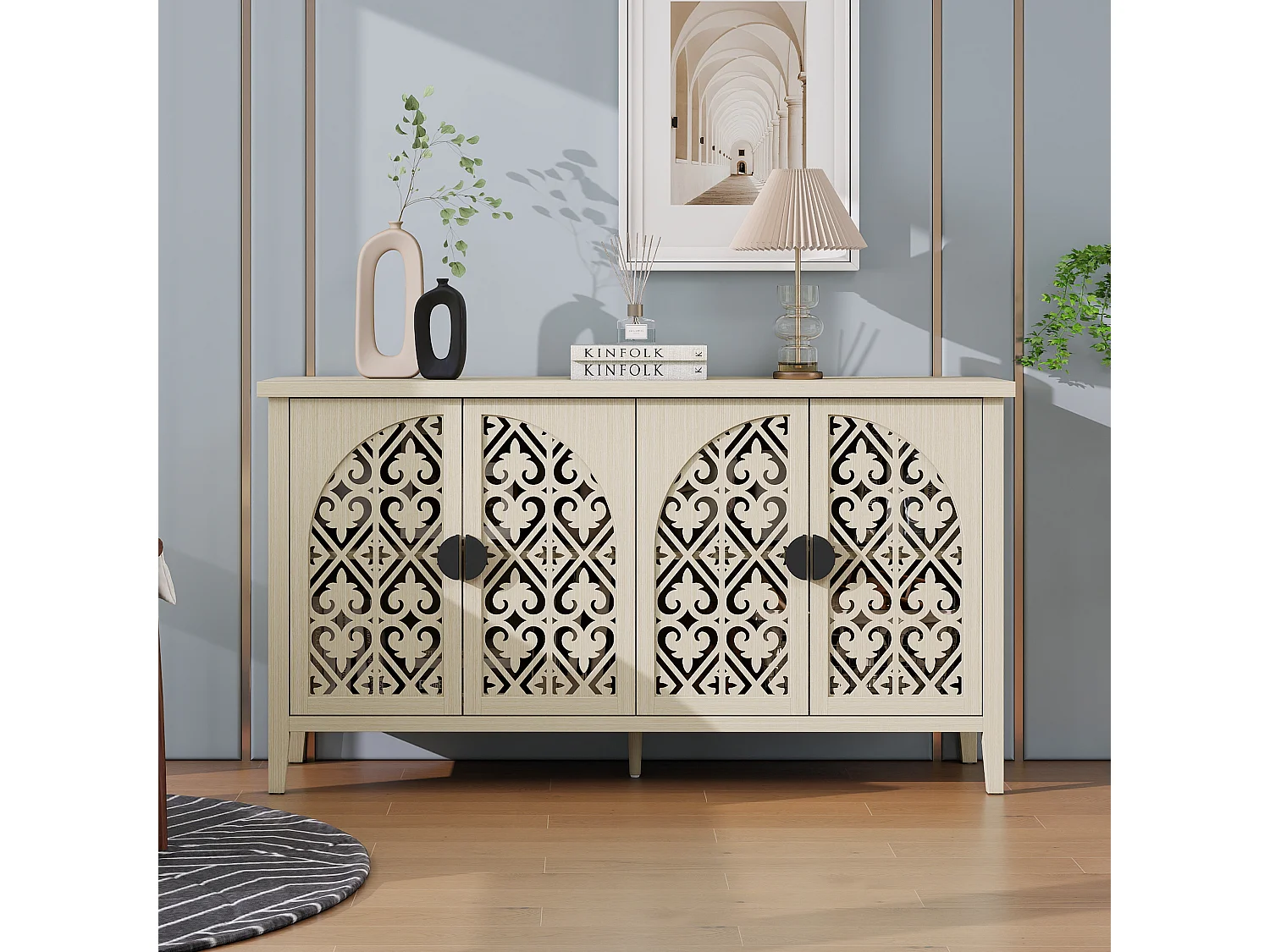 Buffet 4 portes bois naturel panneaux sculptés rangement réglable salon salle à manger 147 cm