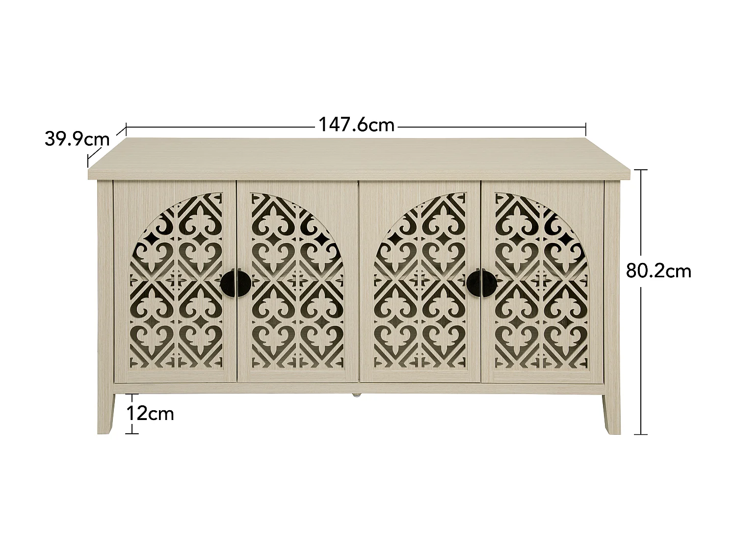 Buffet 4 portes bois naturel panneaux sculptés rangement réglable salon salle à manger 147 cm