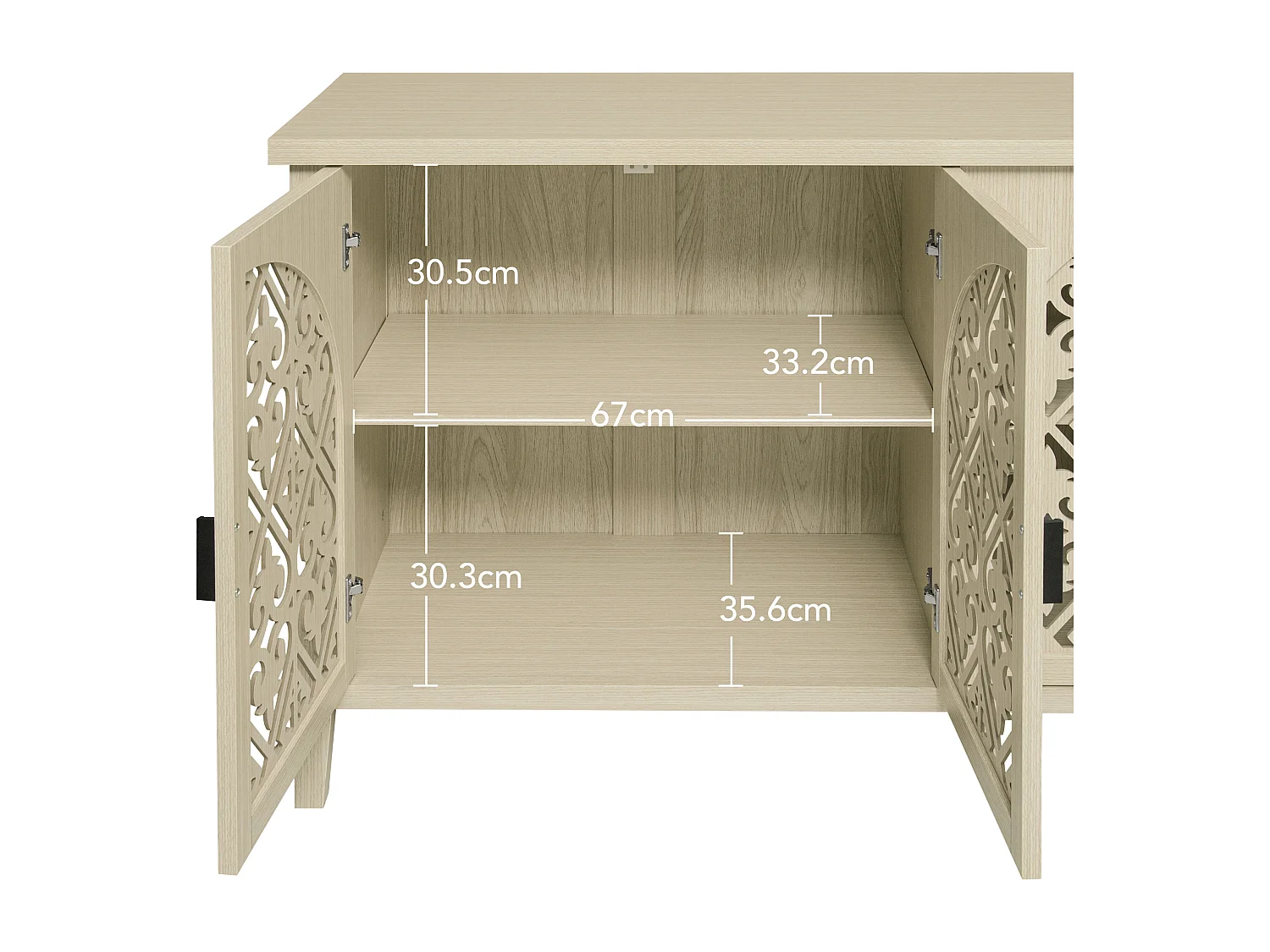 Buffet 4 portes bois naturel panneaux sculptés rangement réglable salon salle à manger 147 cm