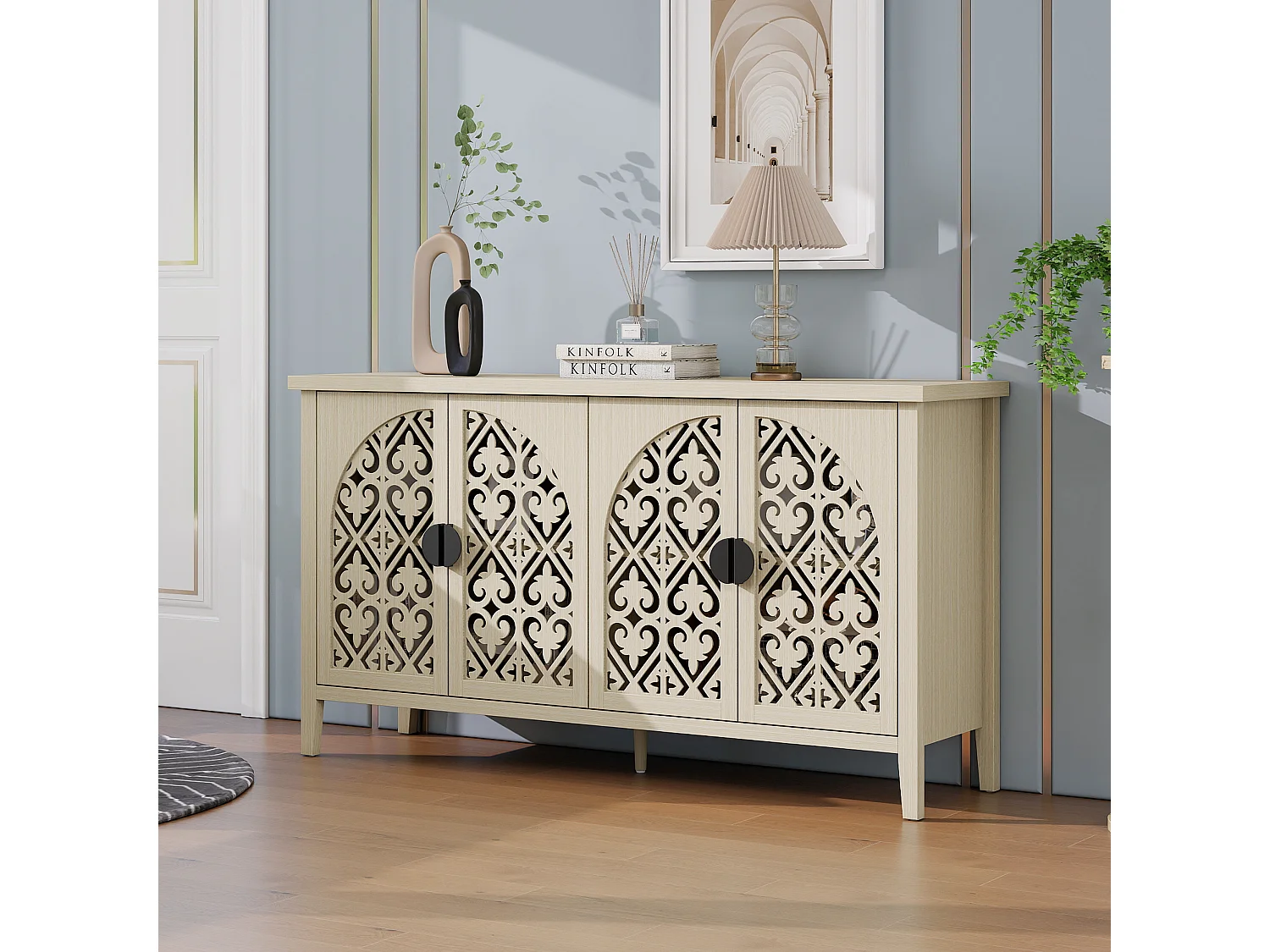 Buffet 4 portes bois naturel panneaux sculptés rangement réglable salon salle à manger 147 cm