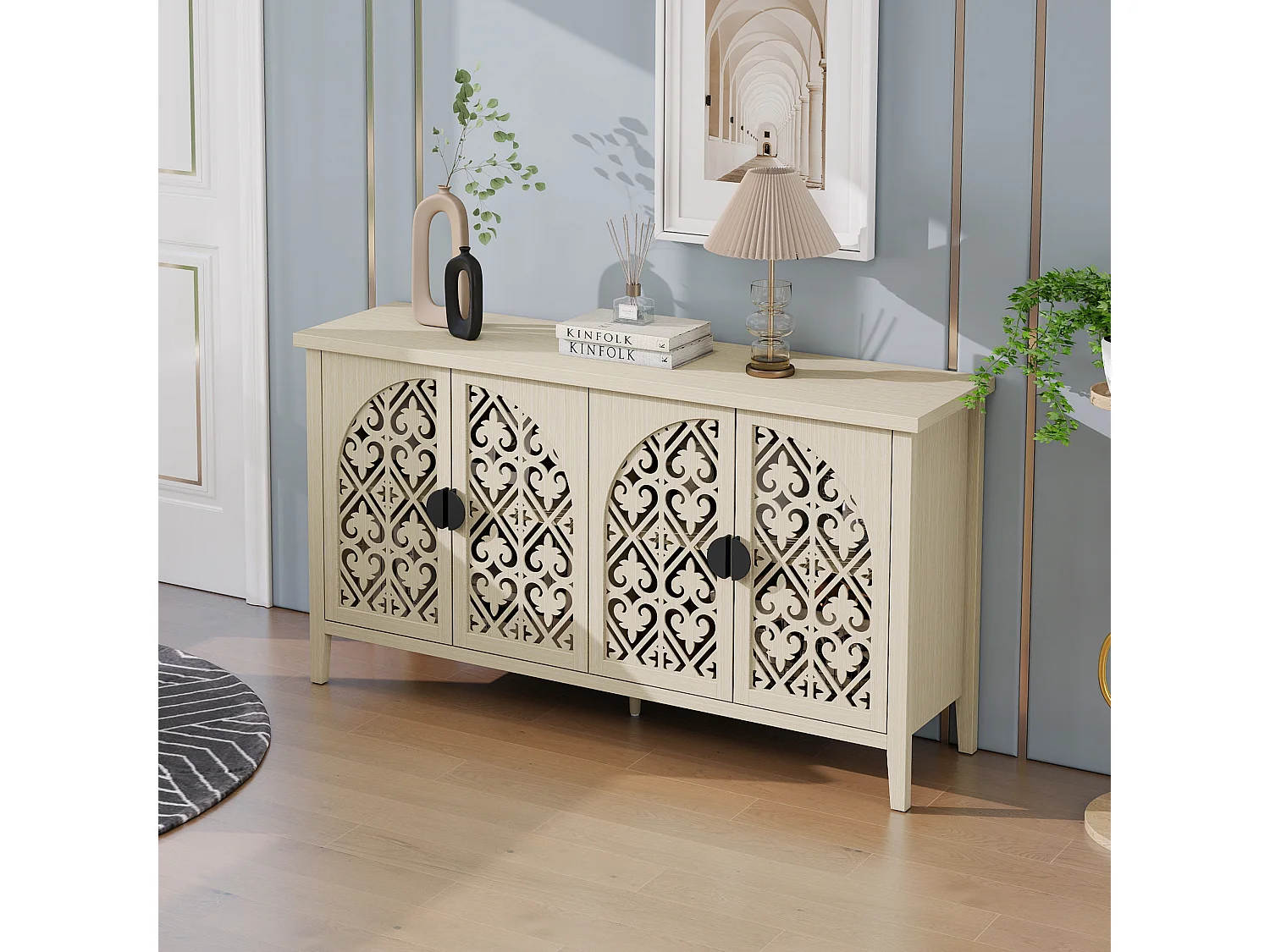 Buffet 4 portes bois naturel panneaux sculptés rangement réglable salon salle à manger 147 cm