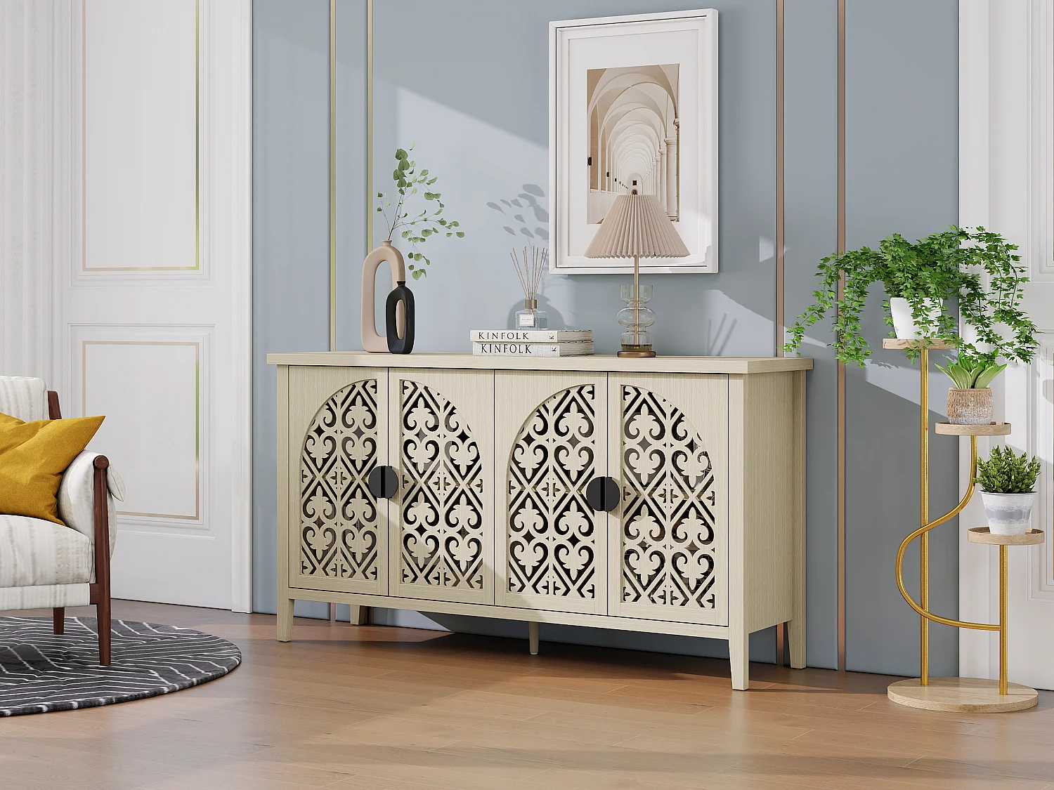 Buffet 4 portes bois naturel panneaux sculptés rangement réglable salon salle à manger 147 cm