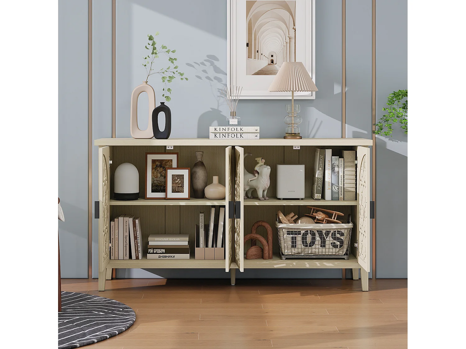 Buffet 4 portes bois naturel panneaux sculptés rangement réglable salon salle à manger 147 cm