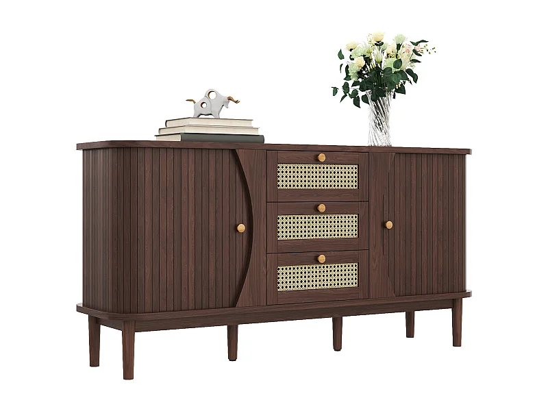Aparador de madeira e rattan com portas de correr 140x40x76 cm móvel de arrumação sala de estar sala de jantar
