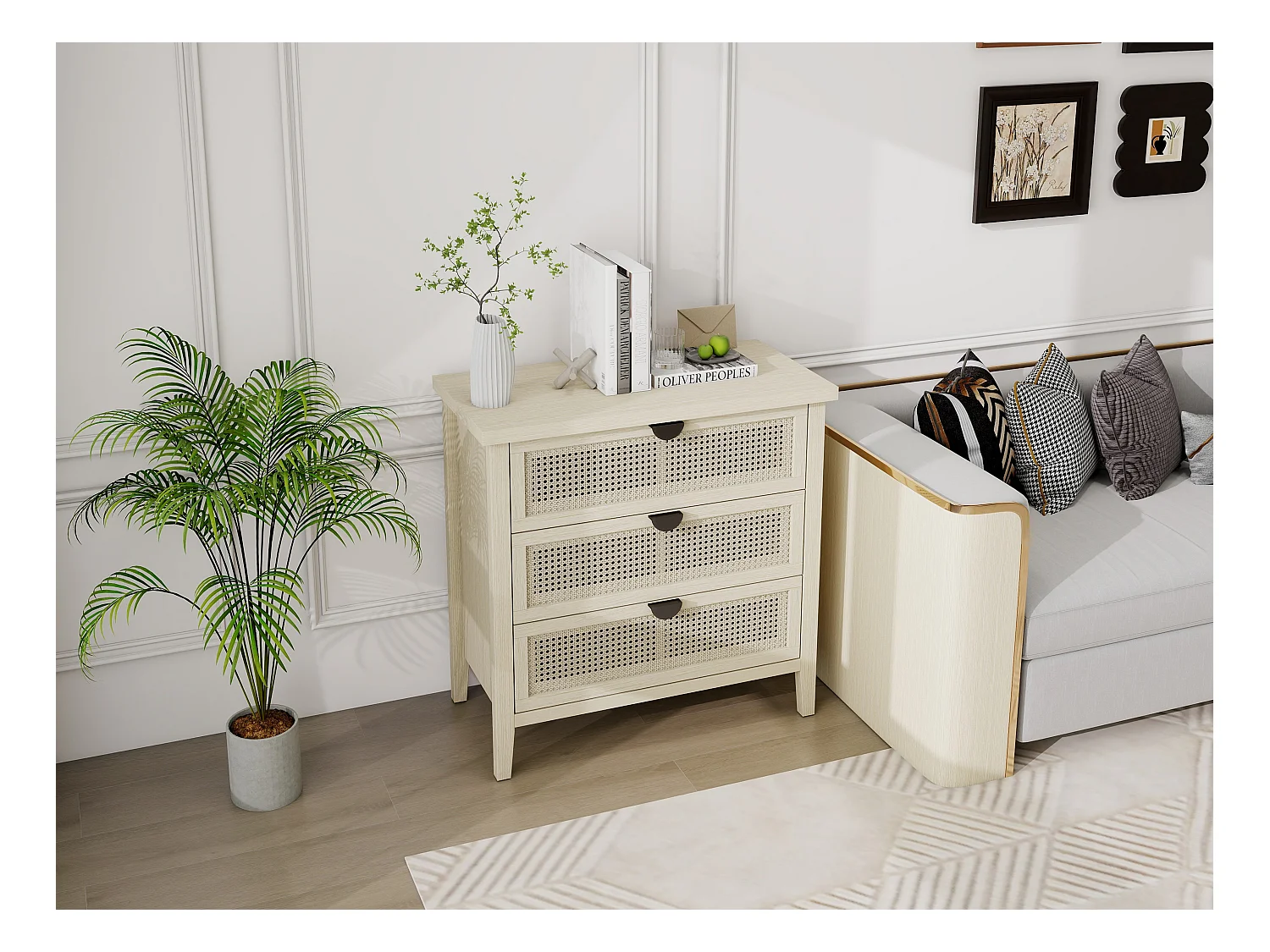 Cômoda com 3 gavetas rattan natural MDF armazenamento sala quarto escritório 80x35x80cm