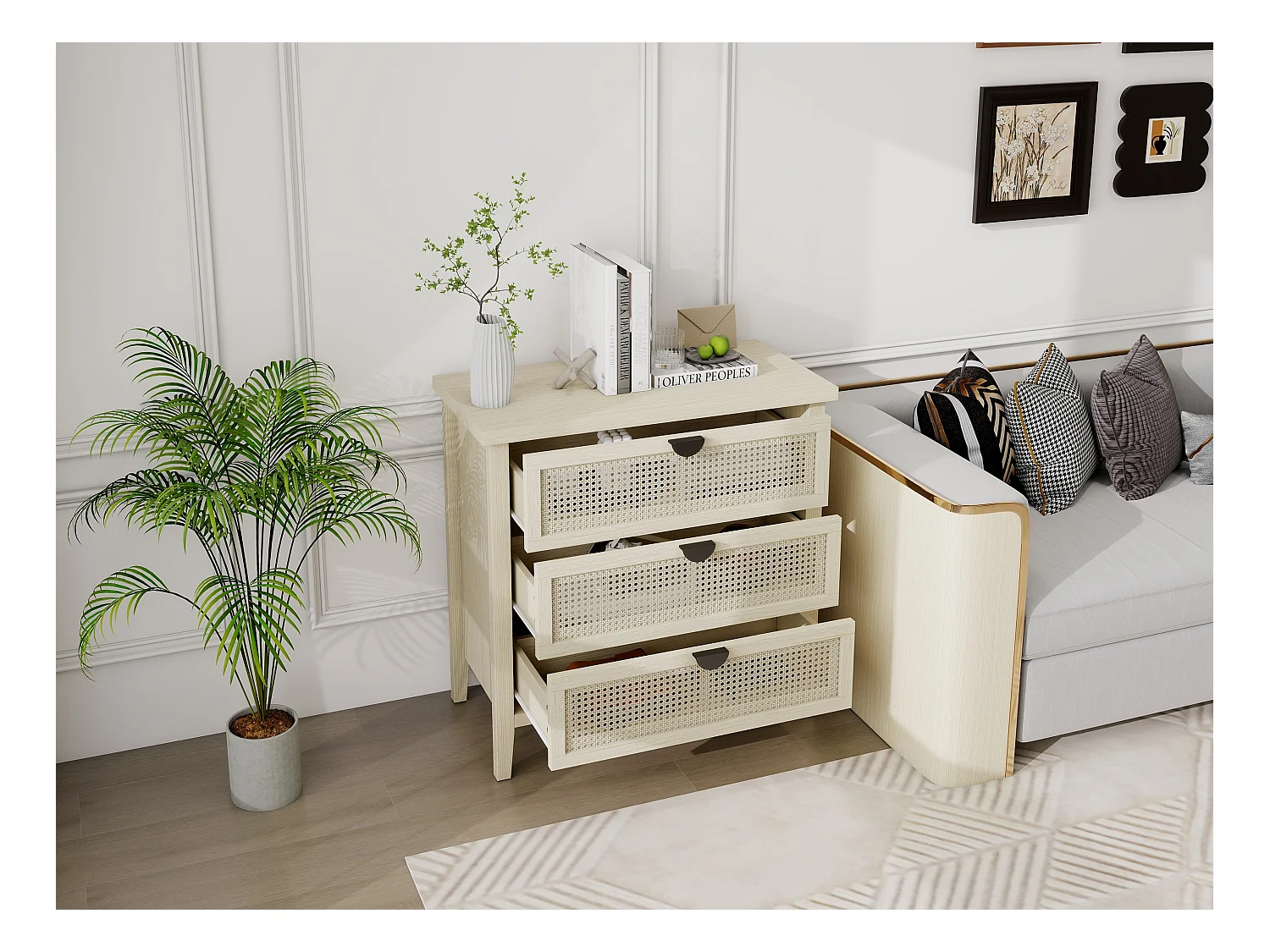 Cômoda com 3 gavetas rattan natural MDF armazenamento sala quarto escritório 80x35x80cm