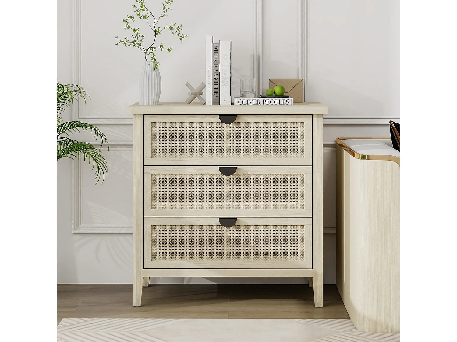 Cómoda de 3 cajones de ratán natural MDF almacenaje salón dormitorio despacho 80x35x80cm