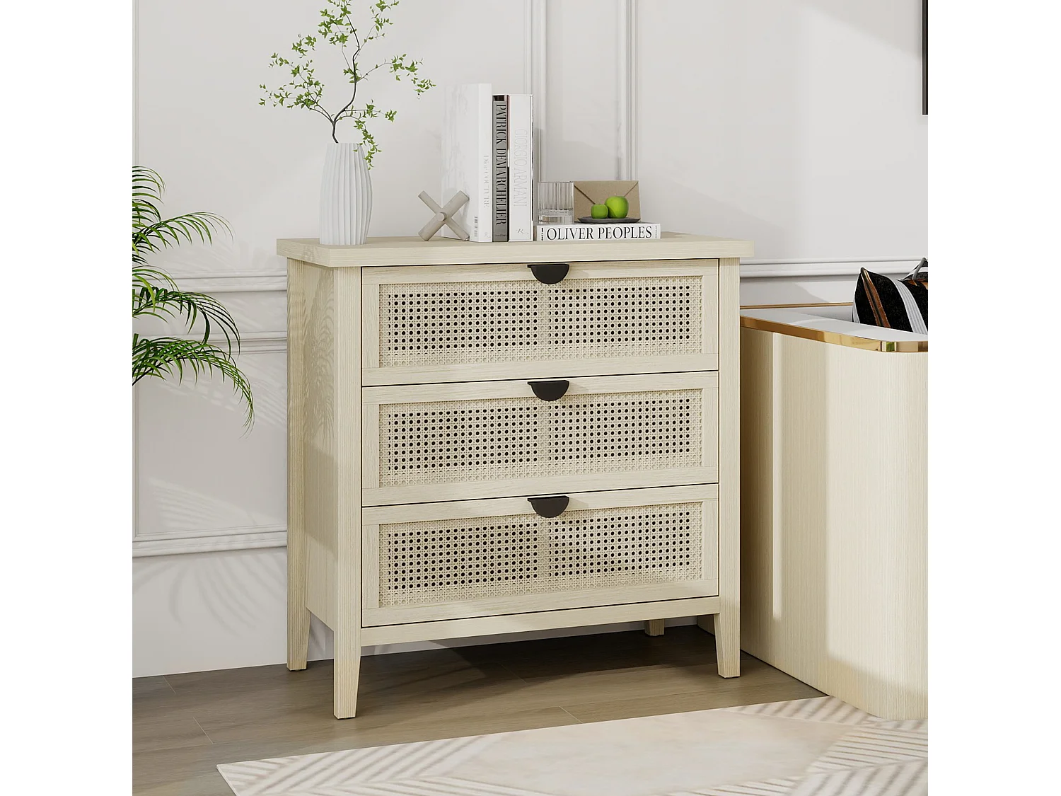 Cómoda de 3 cajones de ratán natural MDF almacenaje salón dormitorio despacho 80x35x80cm