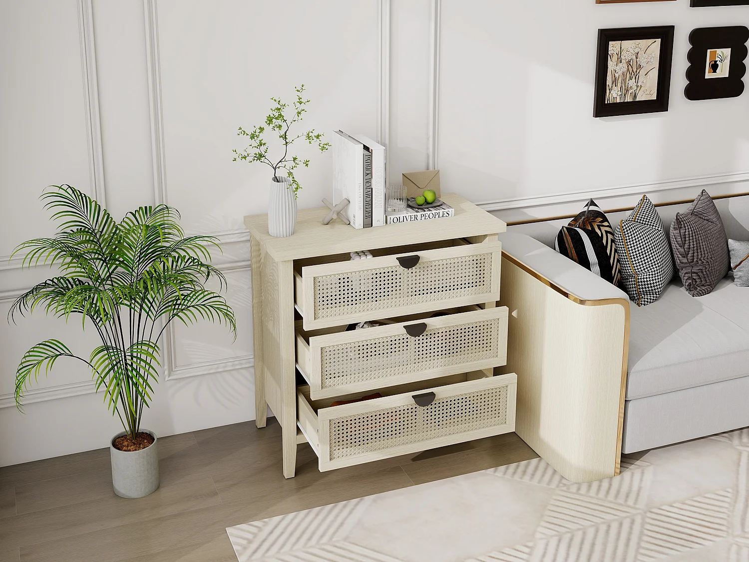 Cómoda de 3 cajones de ratán natural MDF almacenaje salón dormitorio despacho 80x35x80cm