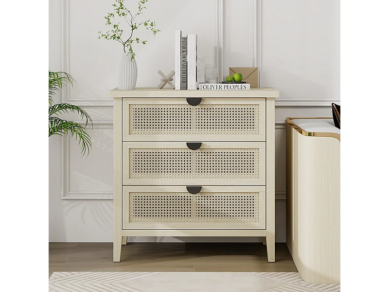 Cômoda com 3 gavetas rattan natural MDF armazenamento sala quarto escritório 80x35x80cm