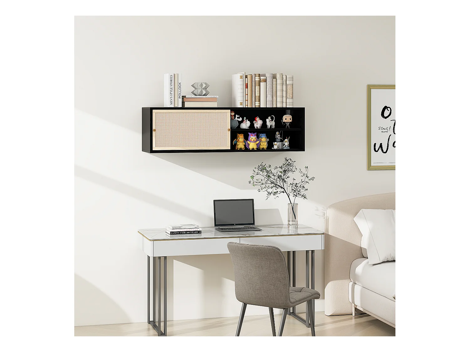 Armário de parede de 110 cm com portas de correr, em rattan resistente, para armazenamento em sala de estar, quarto, escritório, preto