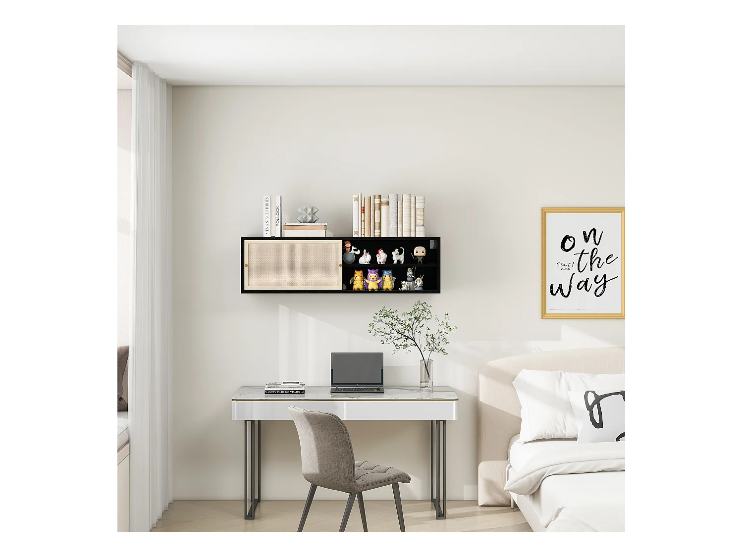 Armário de parede de 110 cm com portas de correr, em rattan resistente, para armazenamento em sala de estar, quarto, escritório, preto