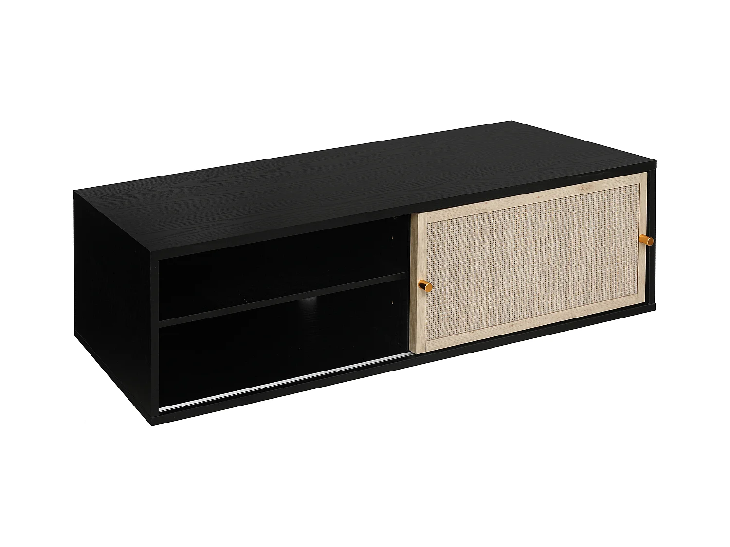 Armário de parede de 110 cm com portas de correr, em rattan resistente, para armazenamento em sala de estar, quarto, escritório, preto