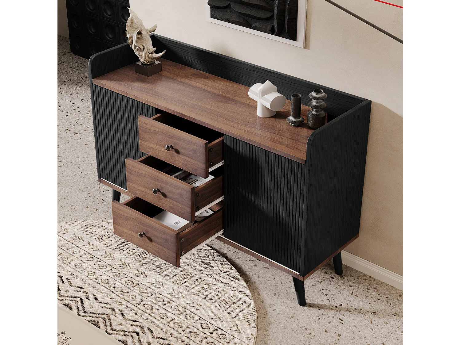 Buffet tre tiroirs bois MDF avec étagères réglables rangement salon chambre 117,5x40x80 cm