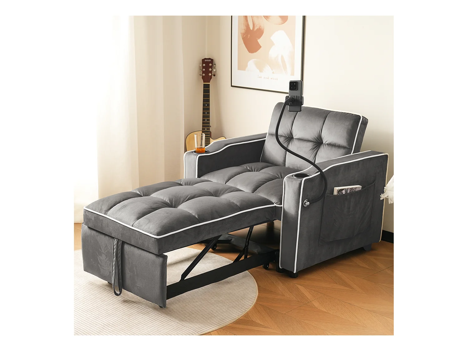 Canapé-lit 3-en-1 convertible velours avec repose-boissons et tablette pour petit espace gris