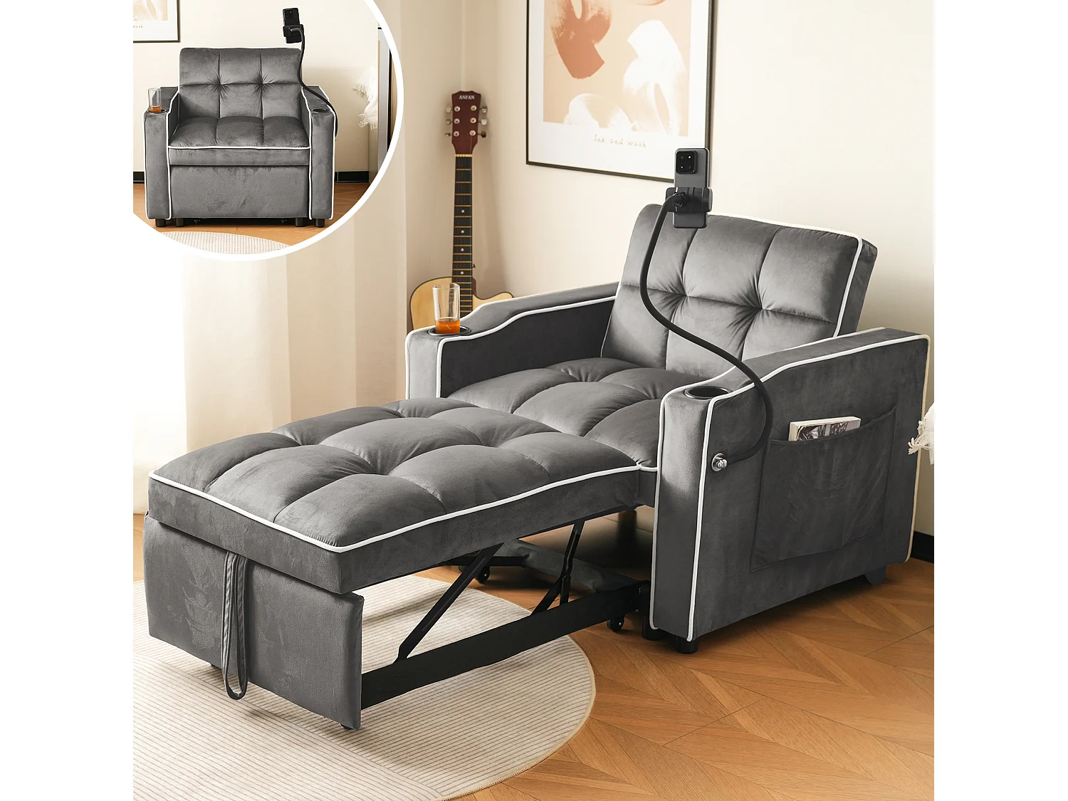 Sofá-cama conversível 3 em 1 de veludo com suporte para bebidas e bandeja para espaços pequenos, cinza